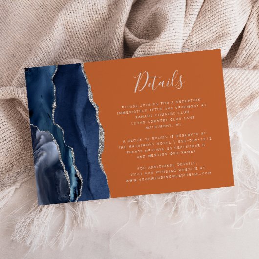 Carte D'accompagnement Navy Blue Agate Burnt Orange Détails du Mariage