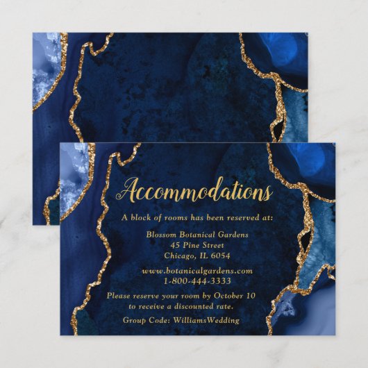Carte D'accompagnement Navy Blue and Gold Agate Wedding Accommodations (Devant / Derrière)