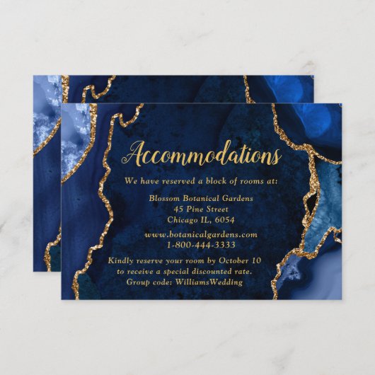 Carte D'accompagnement Navy Blue and Gold Agate Wedding Accommodations (Devant / Derrière)