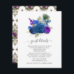 Carte D'accompagnement Navy Blue and Gold Vintage Peacock Détails au clie<br><div class="desc">Elégante carte rsvp marine vintage et rose bleue royale aux accents de violet dans un thème paon baroque personnalisable selon vos spécificités d'événement.</div>