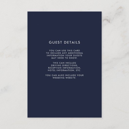 Carte D'accompagnement Navy Blue and White Wood Look Détails de l'invité (Devant)