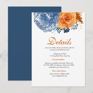 Carte D'accompagnement Navy Blue Burnt Orange Floral Détails du Mariage d