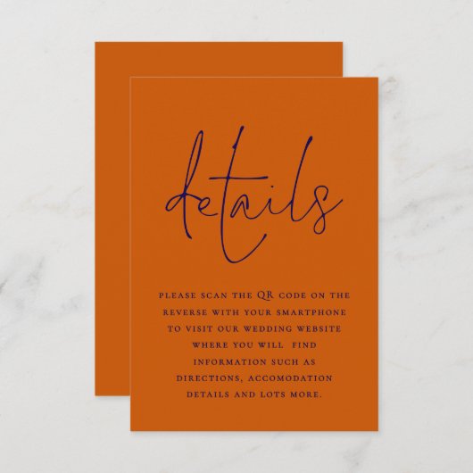 Carte D'accompagnement Navy Blue Burnt Orange QR Code Détails du Mariage (Devant / Derrière)