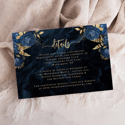 Carte D'accompagnement Navy Blue Floral Agate Gold Script Wedding Details