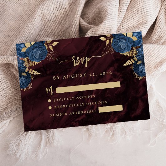 Carte D'accompagnement Navy Blue Gold Floral Burgundy Script Wedding RSVP