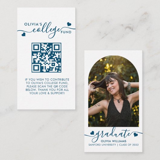 Carte D'accompagnement Navy Blue Heart Script QR Code College Fund Photo (Devant / Derrière)