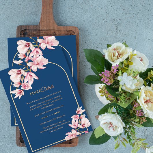Carte D'accompagnement Navy Blue Magnolia Floral Wedding Details
