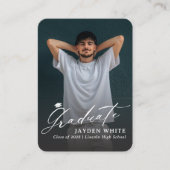 Carte D'accompagnement Navy Blue Mini Modern Script Photo Graduation (Devant)