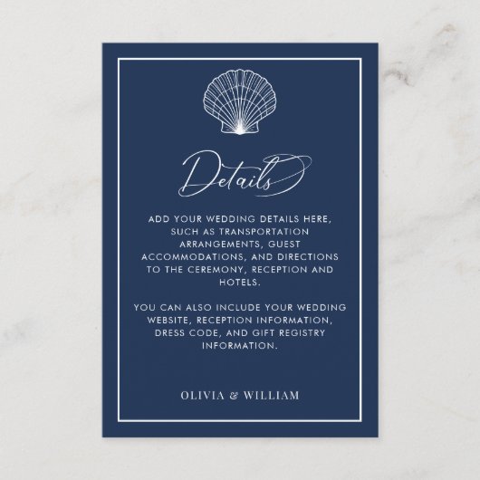 Carte D'accompagnement Navy Blue Seashell Beach Détails du mariage (Devant)