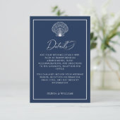 Carte D'accompagnement Navy Blue Seashell Beach Détails du mariage (Debout devant)