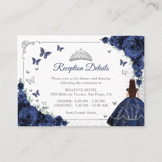 Carte D'accompagnement Navy Blue Silver Quincenarea Reception Details (Devant)