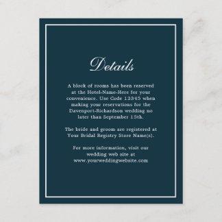 Carte D'accompagnement Navy Blue Simple Elegant Wedding Info Détails