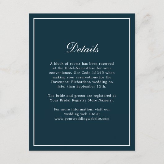 Carte D'accompagnement Navy Blue Simple Elegant Wedding Info Détails (Devant)