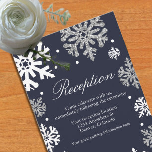 Carte D'accompagnement Navy Blue Snowflakes Réception de mariage hivernal