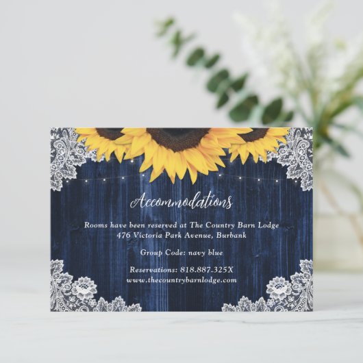 Carte D'accompagnement Navy Blue Sunflower Mariage Hôtel Hébergement (Debout devant)