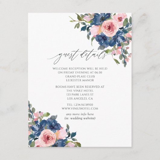 Carte D'accompagnement Navy et Blush Floral Mariage Détails de l'invité (Devant)