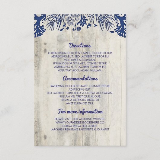 Carte D'accompagnement Navy Nautical Driftwood Beach Détails de mariage (Devant)