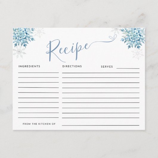 CARTE D'ACCOMPAGNEMENT NEIGE BLEUE EN RECETTE AMOUREUSE (Devant)