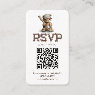 Carte D'accompagnement Neutral Baseball Teddy Bear Baby Shower QR RSVP 