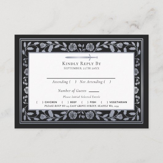 Carte D'accompagnement Noir Argent Noir Médiéval Mariage épée RSVP QR Cod (Devant)