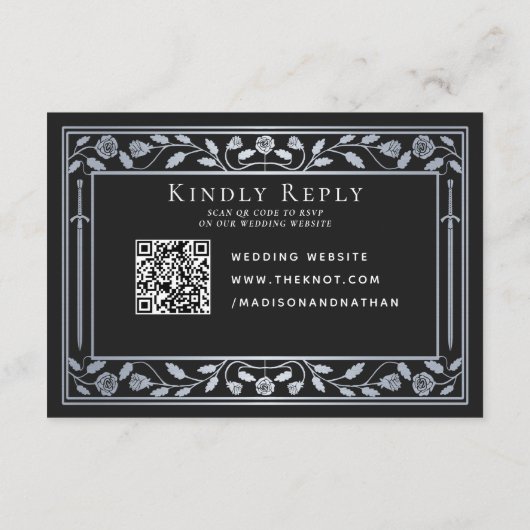Carte D'accompagnement Noir Argent Noir Médiéval Mariage épée RSVP QR Cod (Dos)