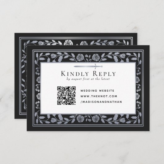 Carte D'accompagnement Noir Argent Noir Médiéval Mariage épée RSVP QR Cod (Devant / Derrière)