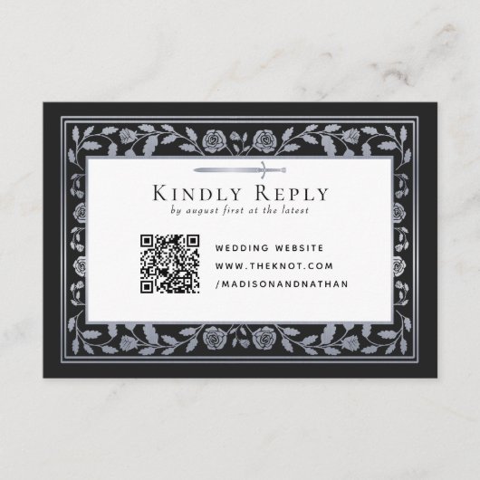 Carte D'accompagnement Noir Argent Noir Médiéval Mariage épée RSVP QR Cod (Devant)
