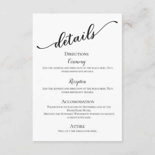 Carte D'accompagnement Noir blanc moderne simples détails minimaux mariag (Devant)