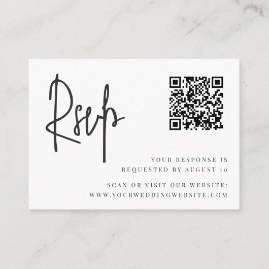 Carte D'accompagnement Noir & blanc Script moderne QR Code Mariage RSVP (Devant)