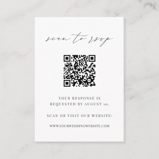 Carte D'accompagnement Noir & blanc Script moderne QR Code Mariage RSVP (Devant)
