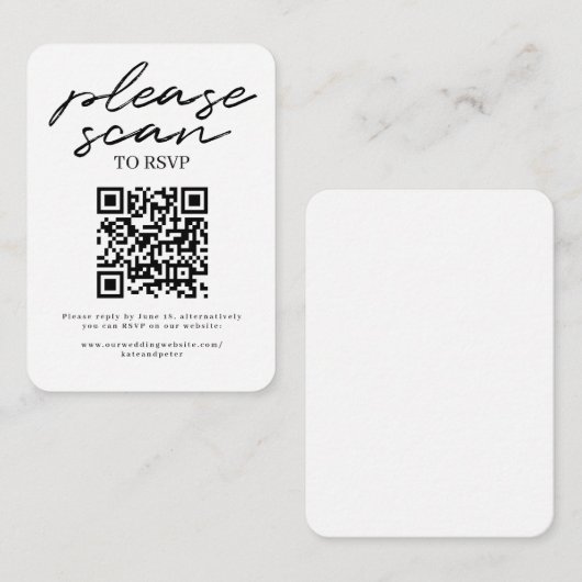 Carte D'accompagnement Noir Blanc Simple Script Wedding RSVP QR Code (Devant / Derrière)