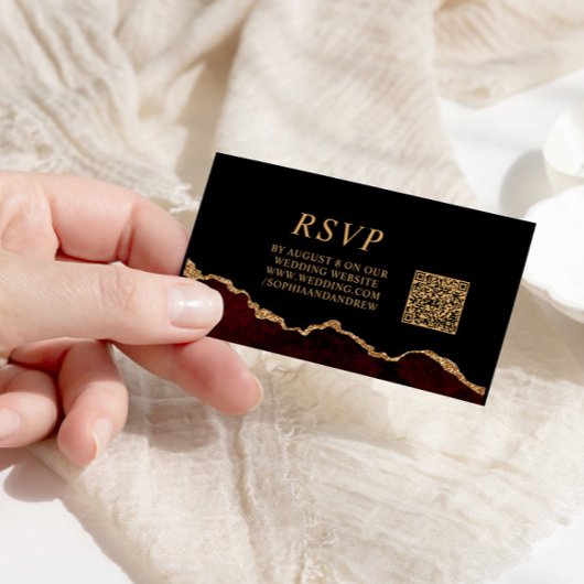 Carte D'accompagnement Noir & Bourgogne Gold Police Mariage QR Code RSVP