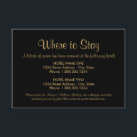 Carte D'accompagnement Noir et or Où rester Mariage Hébergement<br><div class="desc">Les cartes d'hébergement mariages "Where to Stay" comprennent des polices de style moderne et du texte personnalisé qui peut être personnalisé. Texte or et arrière - plan noir peuvent être customisés.</div>