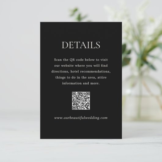 Carte D'accompagnement Noir moderne QR Code Mariage élégant (Debout devant)