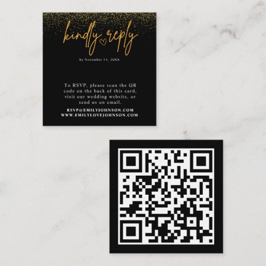 Carte D'accompagnement Noir romantique et or QR Code Mariage RSVP (Devant / Derrière)