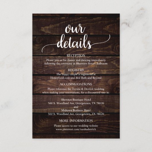 Carte D'accompagnement Nos Détails Mariages, Bois foncé rustique (Devant)