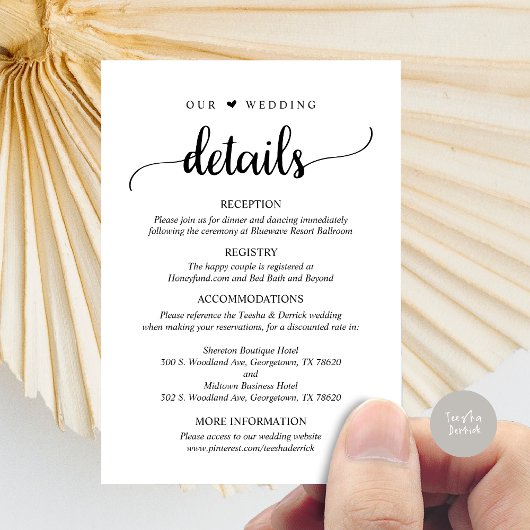 Carte D'accompagnement Nos détails Mariages, Script noir rustique