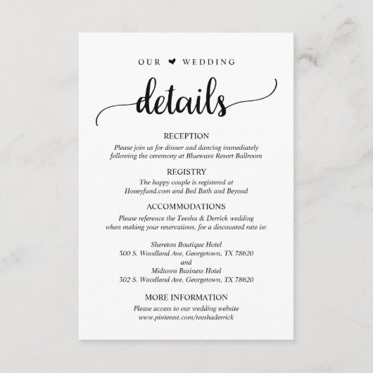 Carte D'accompagnement Nos détails Mariages, Script noir rustique (Devant)