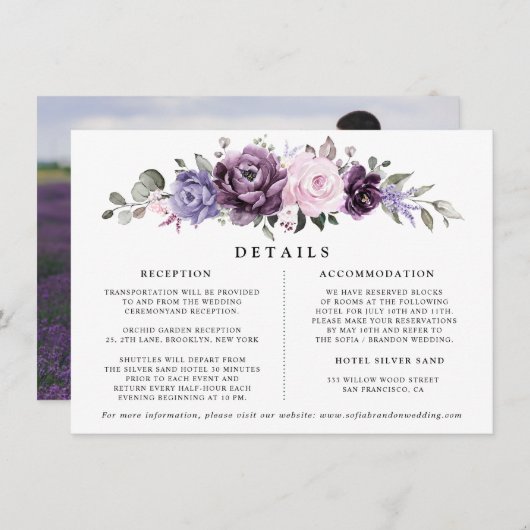 Carte D'accompagnement Nuances de Dusty violet Mariage Floral Détails (Devant / Derrière)