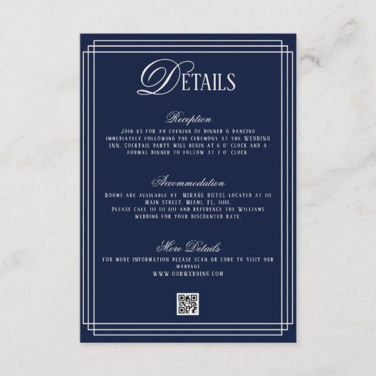 Carte D'accompagnement Old Money Dark Blue Wedding Details  (Devant)