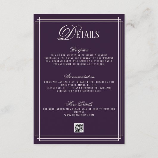 Carte D'accompagnement Old Money Dark Purple Wedding Details  (Devant)
