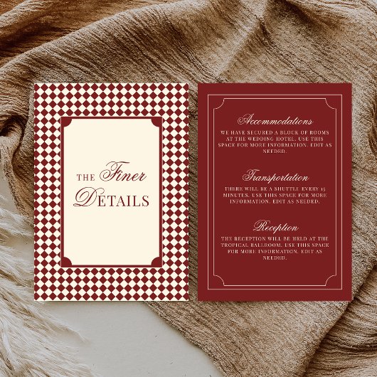 Carte D'accompagnement Old Money Deep Red Ivory Checkered Wedding Details