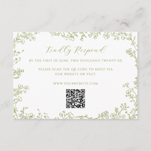 Carte D'accompagnement Olive Green Floral Line Art Wedding QR Code (Devant)