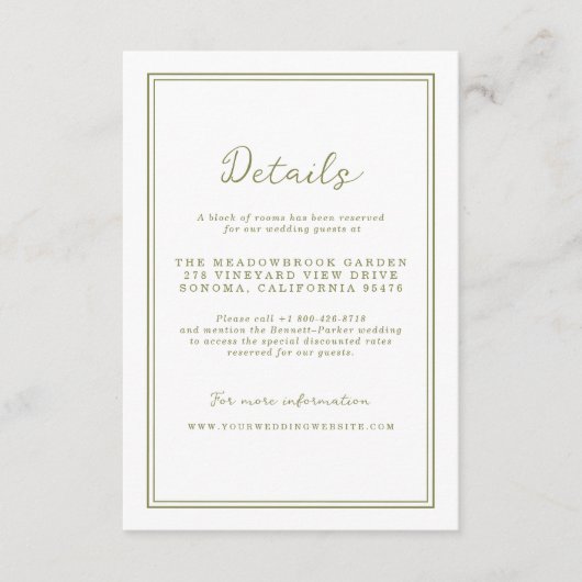 Carte D'accompagnement Olive Green Modern Wedding Details Card (Devant)