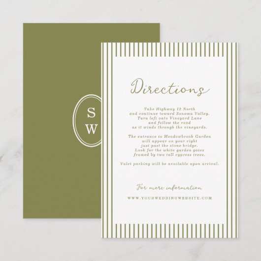 Carte D'accompagnement Olive Green Modern Wedding Directions Card (Devant / Derrière)