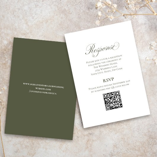 Carte D'accompagnement Olive Green Script Wedding RSVP QR Code Card