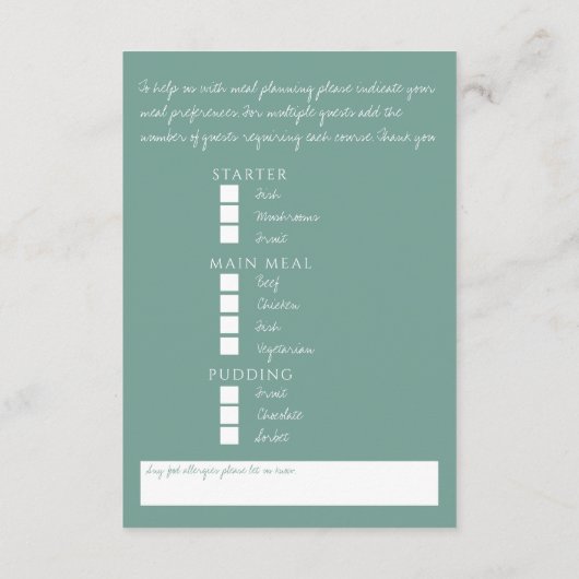 Carte D'accompagnement Options de repas de mariage sage gris vert feuille (Dos)
