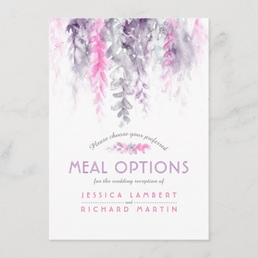 Carte D'accompagnement Options de repas en cascade de fleurs rose violet (Devant)