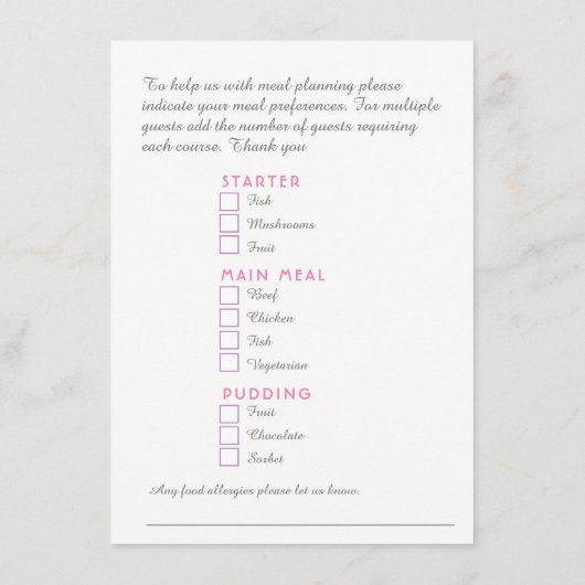 Carte D'accompagnement Options de repas en cascade de fleurs rose violet  (Dos)