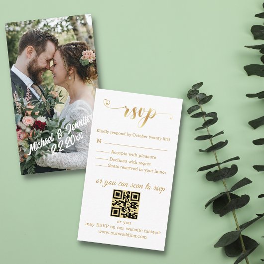 Carte D'accompagnement or moderne photo rsvp mariage chic code qr